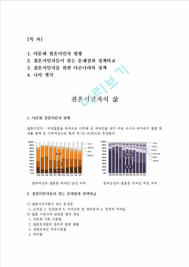 [500원] [결혼이민자의 생활] 결혼이민자의 현황과 문제점, 결혼이민자 정책, 외국의 결혼이민자 정책, 나의 견해.hwp